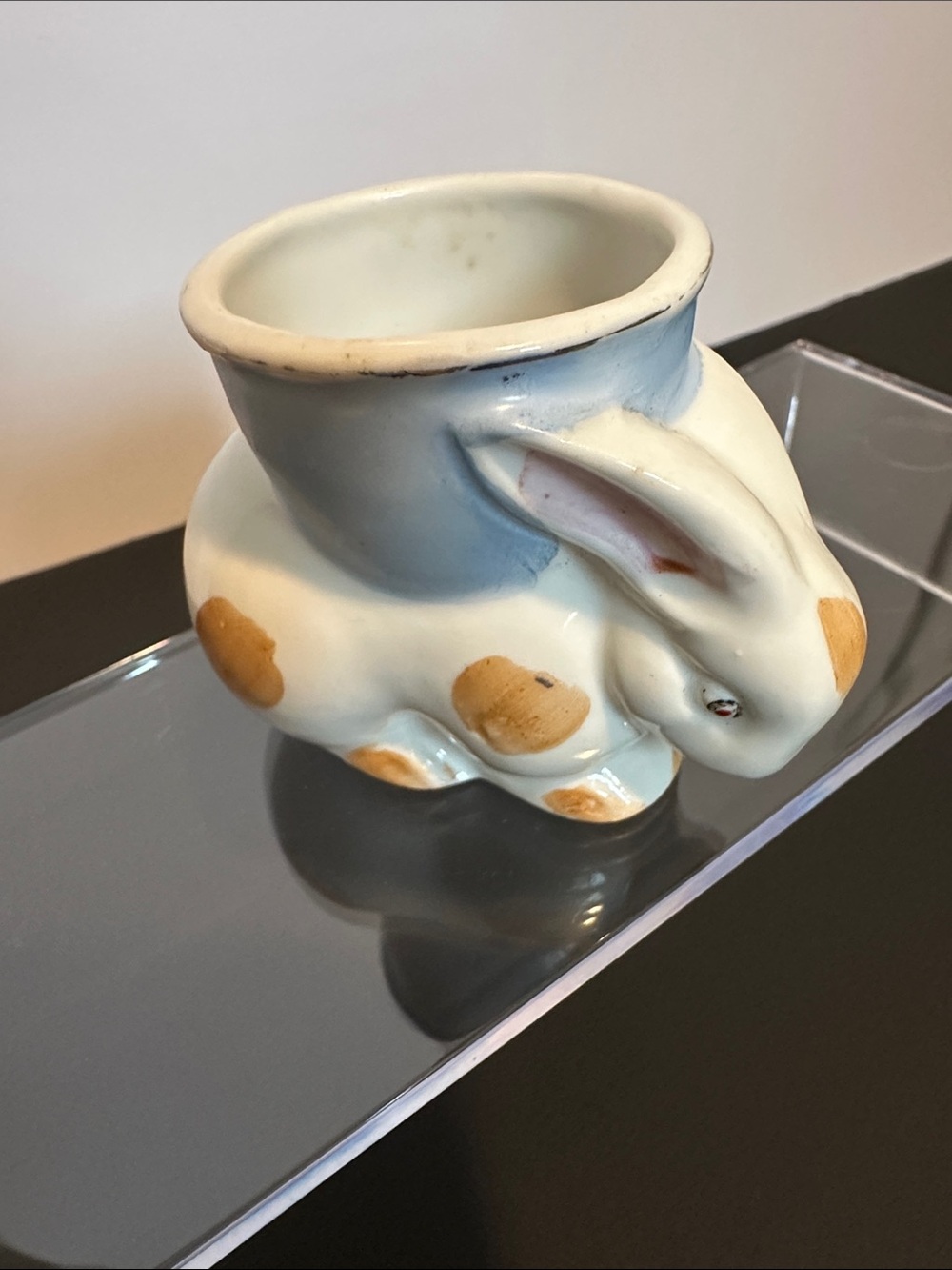Ceramic Vintage Bunny Collectible Egg Cup in White, Light Blue and Tan